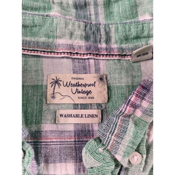 Weatherproof Vintage Men's XL Washable Linen Button Up Plaid Short Sleeve Shirt - Picture 2 of 7